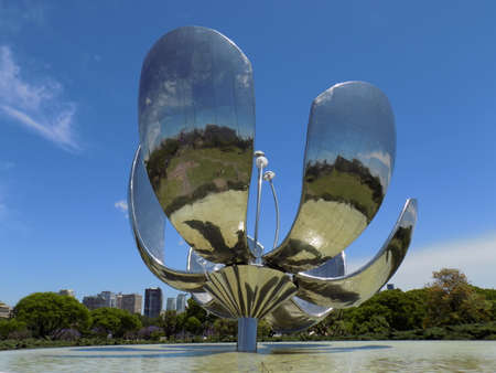 Metal flower in park in Buenos Aires, Argentina. The petals open during the day and close as the sun goes down.のeditorial素材