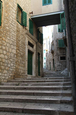 One of the many narrow streets in Split old town, Croatiaの写真素材