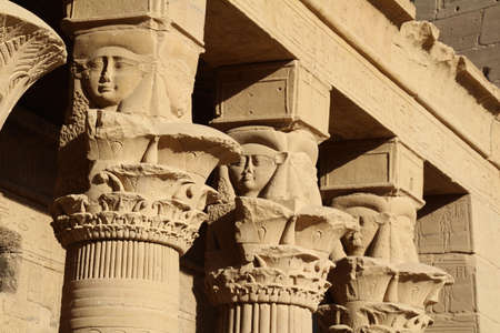 Part of the Philae Temple ruins. This temple was saved from being submerged under the lake formed by the Aswan dam when it was moved stone by stone and rebuilt on higher ground a couple of hundred metres from its original position.のeditorial素材