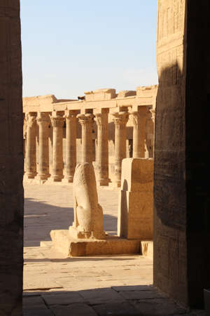 Part of the Philae Temple ruins. This temple was saved from being submerged under the lake formed by the Aswan dam when it was moved stone by stone and rebuilt on higher ground a couple of hundred metres from its original position.のeditorial素材