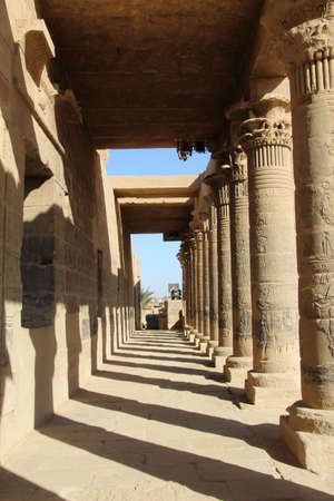 Part of the Philae Temple ruins. This temple was saved from being submerged under the lake formed by the Aswan dam when it was moved stone by stone and rebuilt on higher ground a couple of hundred metres from its original position.のeditorial素材