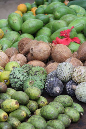 Fruit for sale at a market stall in Beau Vallon on Mahe Island in the Seychelles.