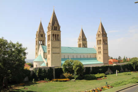 Exterior view of the cathedral in Pecs, Hungary.のeditorial素材