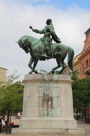 Janos Hunyadi statue in Szechenyi Square in Pecs, Hungary.のeditorial素材