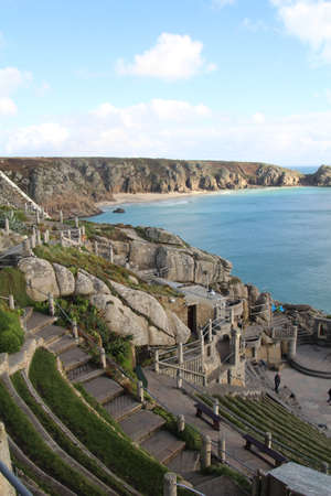 Porthcurno, UK - 4 November, 2017: The Minack open air theatre built into the cliff side in Porthcurno, Cornwall. This unique theatre has been staging performances since the 1920s and operates come rain or shine.のeditorial素材