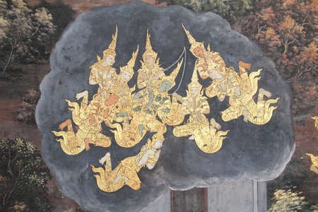 Bangkok, Thailand - 21st November, 2017: Wall painting at the grand palace depicting the Ramayana Hindu epic story. It covers several of the palace wallsのeditorial素材