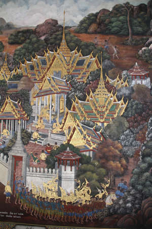 Bangkok, Thailand - 21st November, 2017: Wall painting at the grand palace depicting the Ramayana Hindu epic story. It covers several of the palace wallsのeditorial素材
