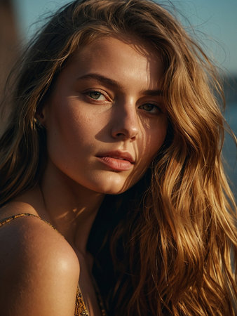 Portrait of a beautiful girl with long hair on the beach.の素材
