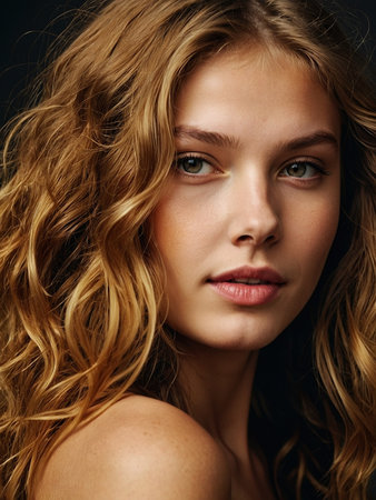 Beautiful young woman with long curly hair. Beauty, fashion.の素材