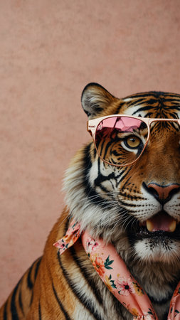 Close-up of a tiger wearing sunglasses and a bandana.の素材