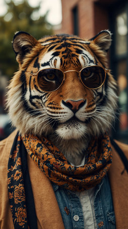 Portrait of a tiger with sunglasses and a scarf in the cityの素材