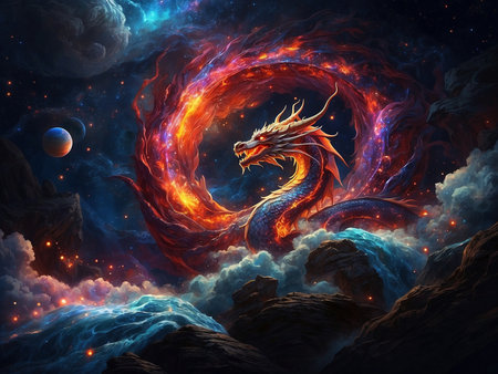 Dragon in the space. 3d illustration. Elements of this image furnished by NASAの素材