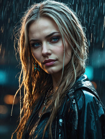 Portrait of a beautiful young woman in black leather jacket in the rainの素材