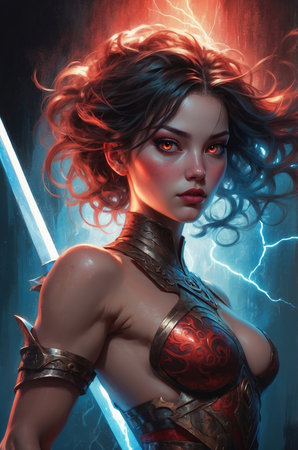 Beautiful young woman warrior in armor with sword. Fantasy, fantasy.の素材