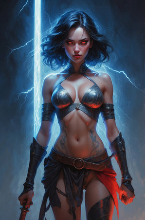 Beautiful young woman warrior with sword in the dark. Fantasy theme.の素材