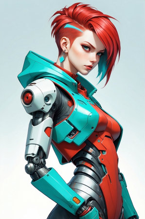 Futuristic robot woman with red hair and blue eyes. 3d renderingの素材