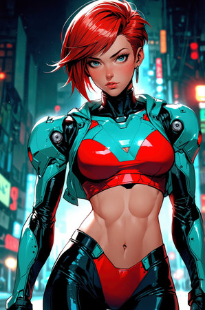 3D Illustration of a female robot in a futuristic city.の素材