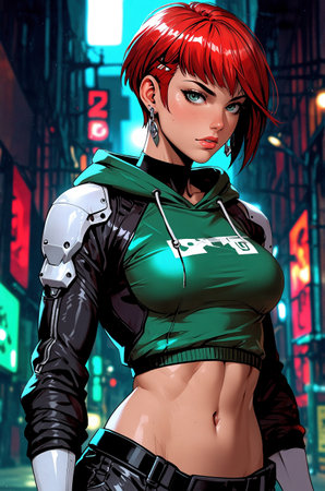 3D rendering of a female robot in a futuristic city environment.の素材