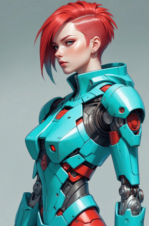 3D rendering of a female robot with red hair and blue eyesの素材
