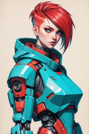 3d rendering of a female robot with red hair and blue eyesの素材