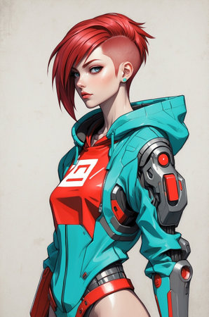 3D rendering of a female robot with red hair and green armorの素材