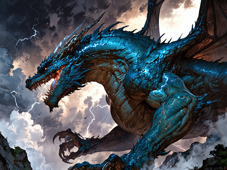 Fantasy dragon in the stormy sky. 3D illustration.の素材