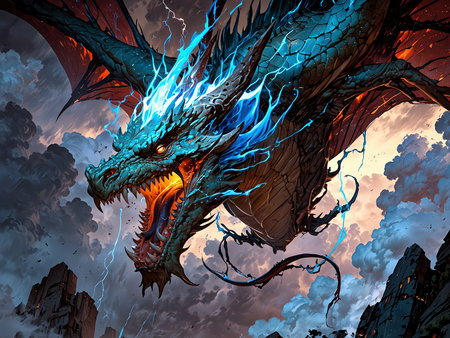 Fantasy dragon in the sky. 3D illustration, 3D rendering.の素材