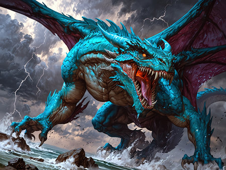 Dragon in the stormy sky. 3D illustration. Fantasy.の素材
