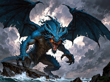 dragon flying over the ocean in stormy weather. 3d renderの素材
