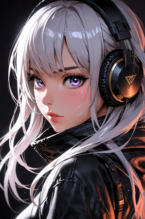 3D illustration of a beautiful girl in headphones. Anime style.の素材