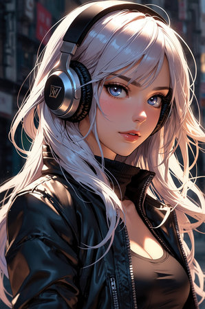 3D Illustration of a beautiful girl with headphones in the cityの素材