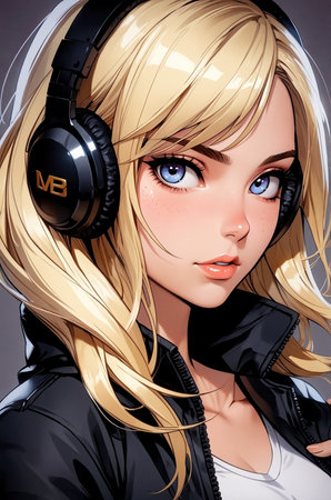 Beautiful blonde girl listening to music in headphones. Digital illustration.の素材