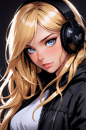 Beautiful young woman with headphones listening to music. 3D illustration.の素材