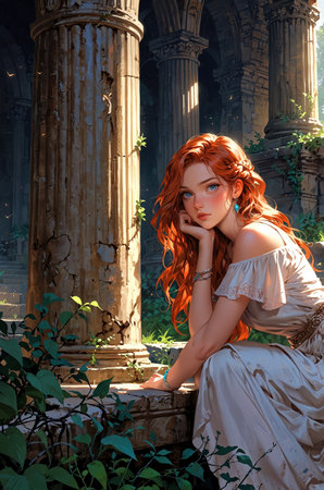 Beautiful red-haired girl in a long white dress in the ancient cityの素材