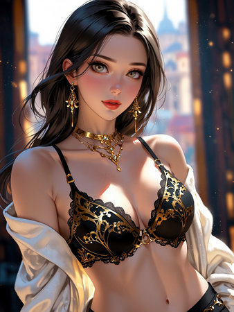 3D illustration of a beautiful woman in black lingerie and gold accessories.の素材