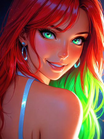 3D illustration of a beautiful redhead girl with colorful hair.の素材