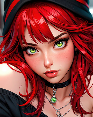 3D illustration of a beautiful girl with red hair and green eyes.の素材