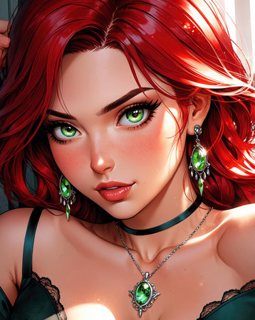Beautiful woman with red hair and green eyes. 3D rendering.の素材