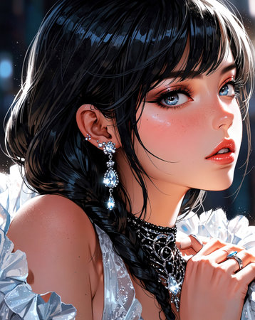3D illustration of a beautiful girl with black hair and silver jewelry.の素材