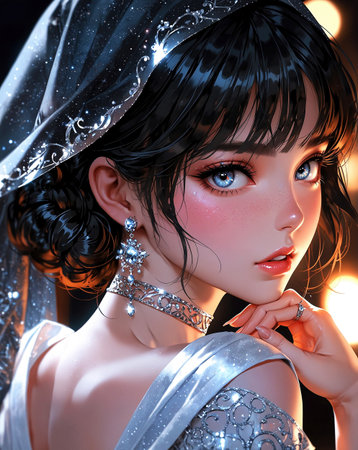 3d illustration of a beautiful girl with black hair and silver dressの素材