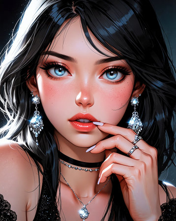3d illustration of a beautiful woman with long black hair and bright makeupの素材