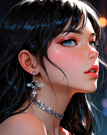 3D illustration of a beautiful girl with blue eyes and black hairの素材