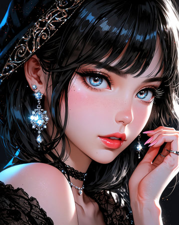 3D illustration of a beautiful girl in a black dress and hat.の素材