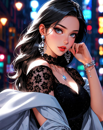 3D illustration of a beautiful woman with long black hair and evening make-up.の素材