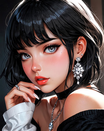 Portrait of a beautiful young woman with long black hair. Beauty, fashion.の素材