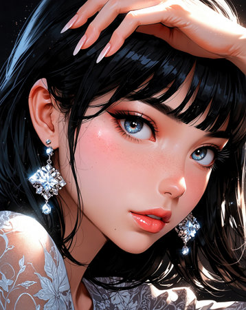 3d illustration of a beautiful girl with black hair and blue eyesの素材