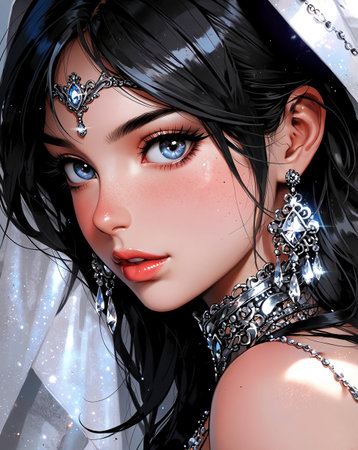 3D Illustration of a beautiful girl with fantasy makeup and silver jewelryの素材