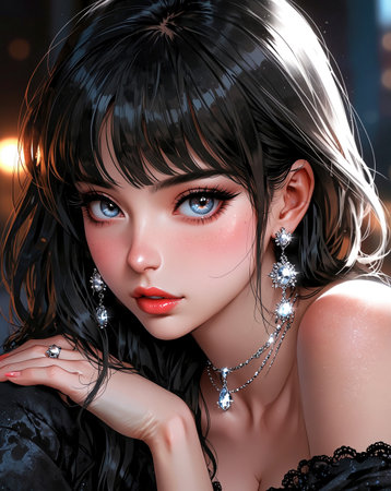 3D Illustration of a beautiful woman with long hair and evening make-upの素材