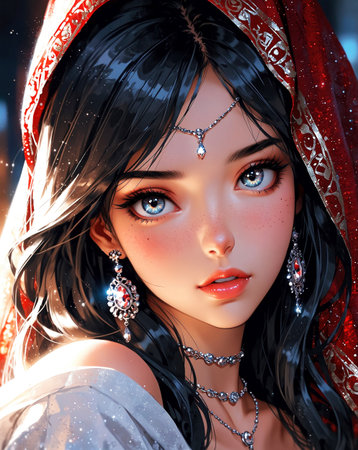 3D rendering of a beautiful Indian girl in a red sari.の素材