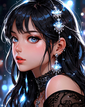 3D illustration of a beautiful girl in a black lace dress.の素材